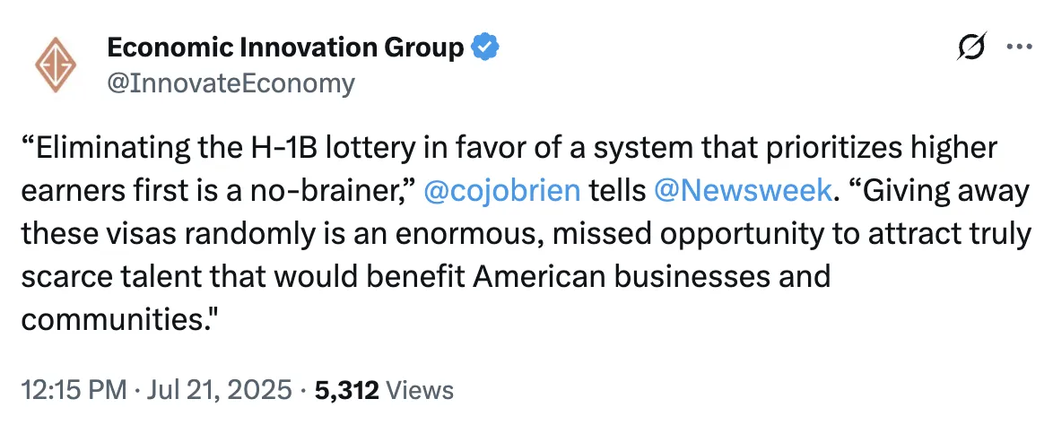 Economic Innovation Group tweets about eliminating the H-1B lottery