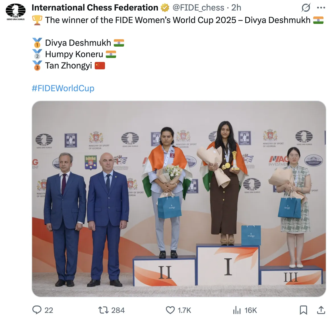 FIDE shared the joyous news on X, posting an image of Deshmukh with the caption.