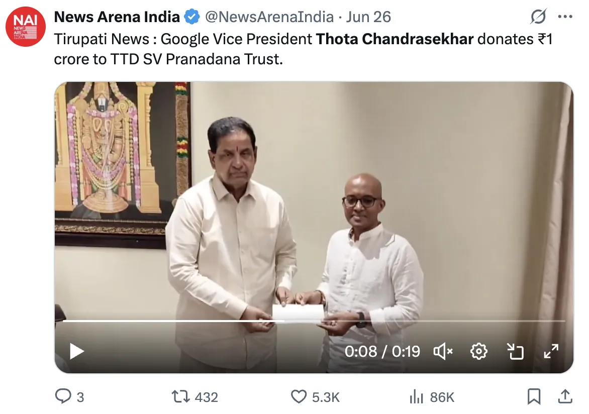 Google Vice President Thota Chandrasekhar donates ₹1 crore to TTD SV Pranadana Trust.
