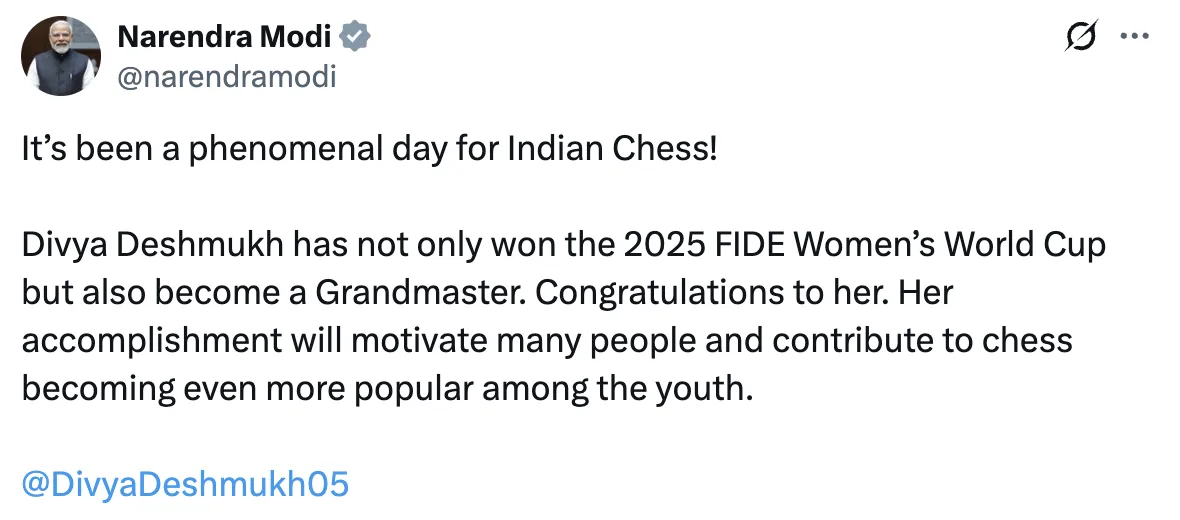Indian Prime Minister Narendra Modi took to X to commend Divya Deshmukh's success.