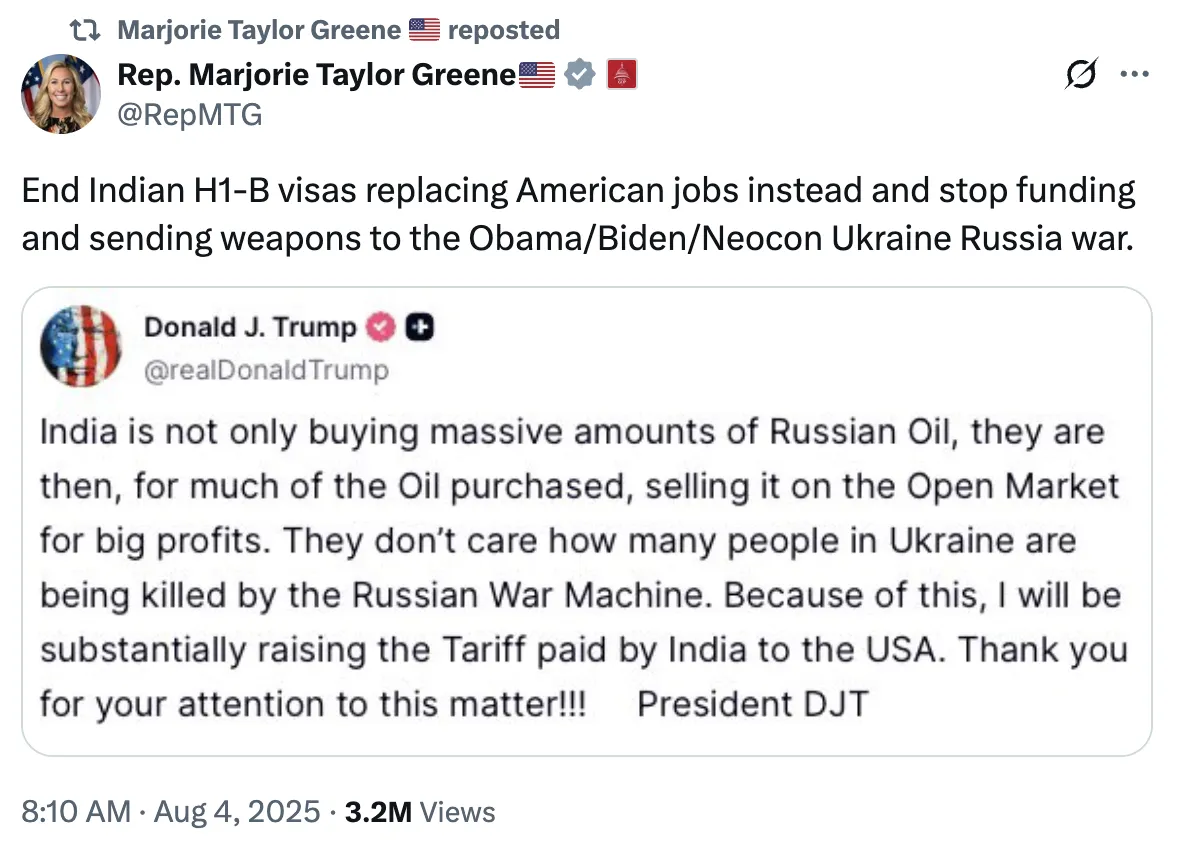 US Congresswoman Marjorie Taylor Greene, called for an end to H-1B visas for Indian workers, claiming they replace American jobs.